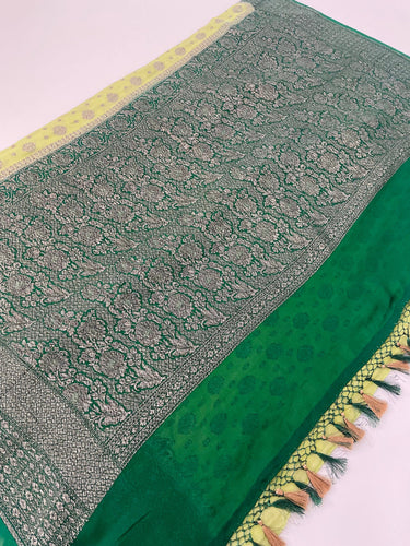 Chiffon Saree from Banaras | Light and Dark Green | Silver and Black Zari | Handwoven | Ships from California